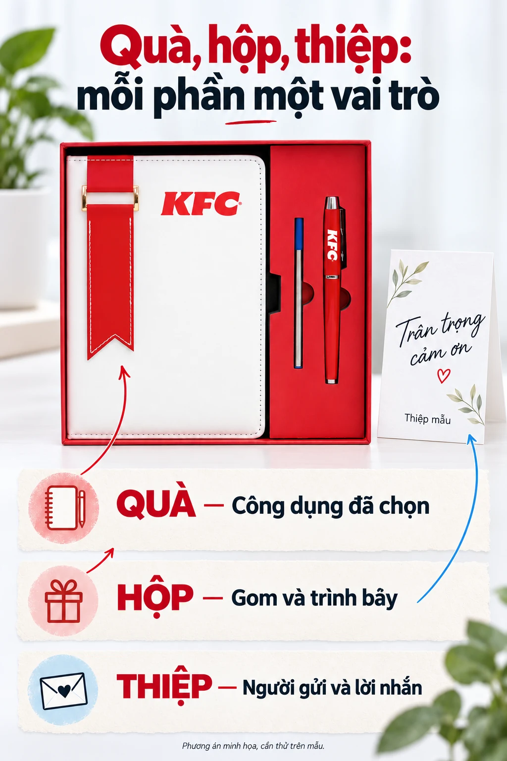 Bộ sổ bút đỏ từ ảnh nguồn cạnh thiệp mẫu, ba nhãn quà, hộp và thiệp.