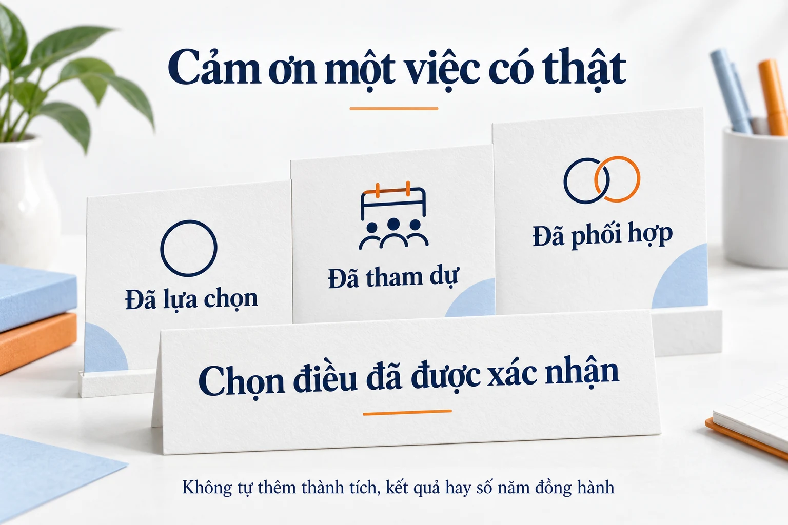 Ba thẻ Đã lựa chọn, Đã tham dự và Đã phối hợp cùng lời nhắc chọn điều được xác nhận.