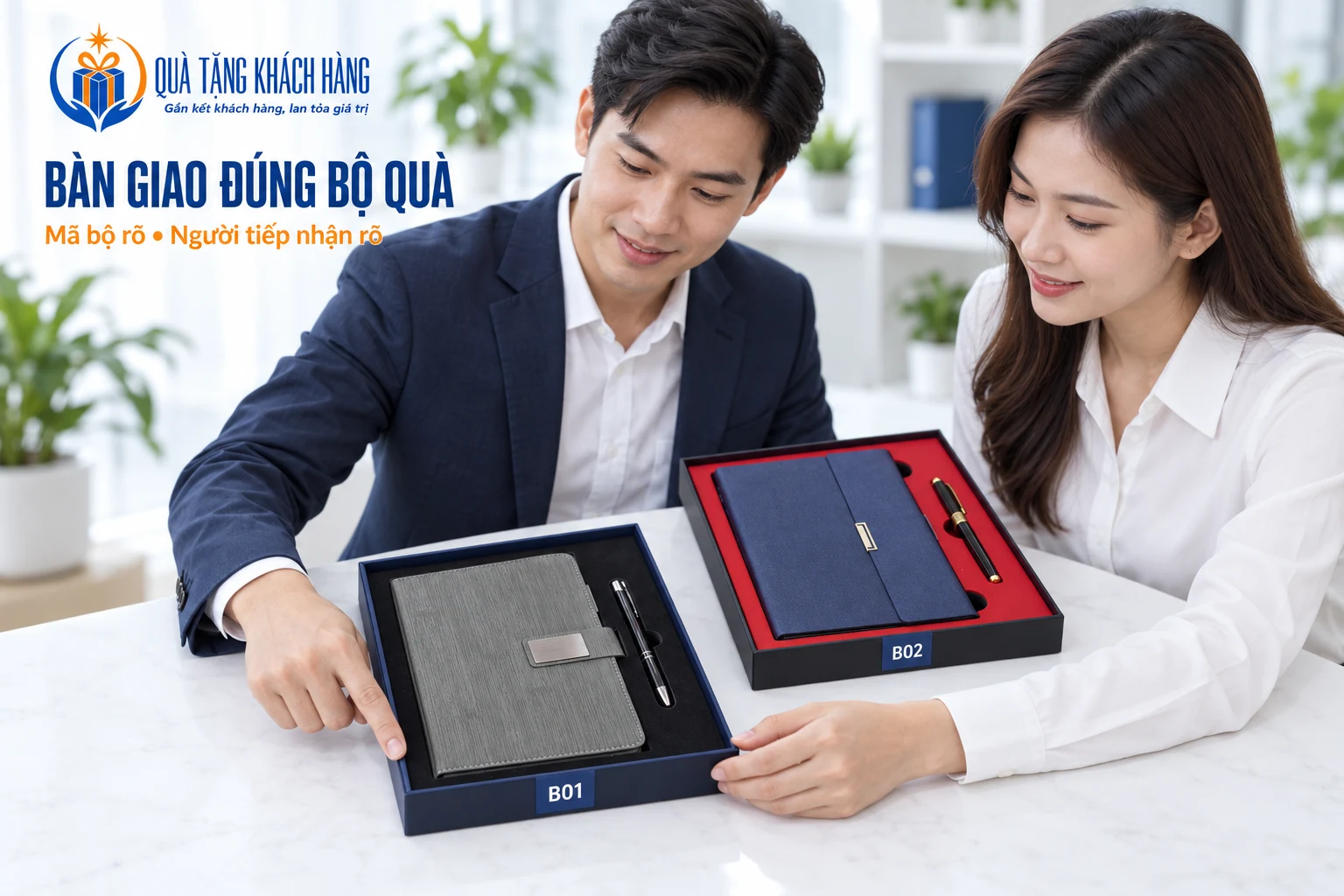 Hai người đối chiếu hai bộ sổ bút với mã minh họa B01 và B02