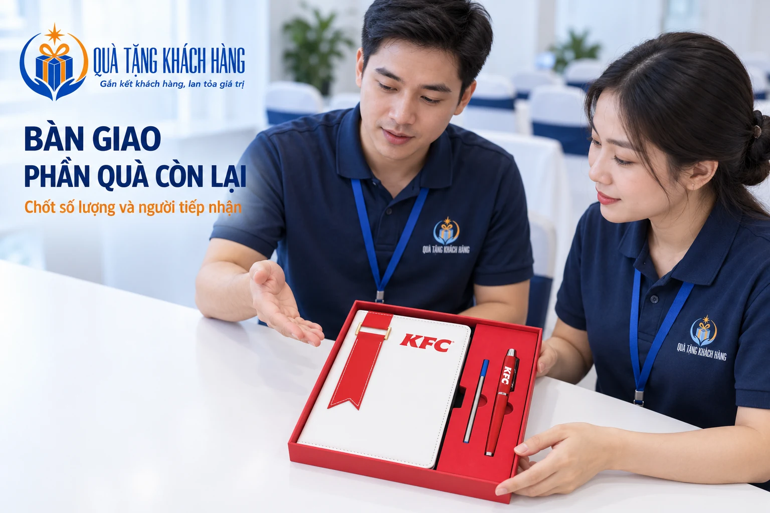 Hai người đối chiếu bộ sổ trắng, bút đỏ và ruột bút dự phòng trong hộp đỏ sau sự kiện.
