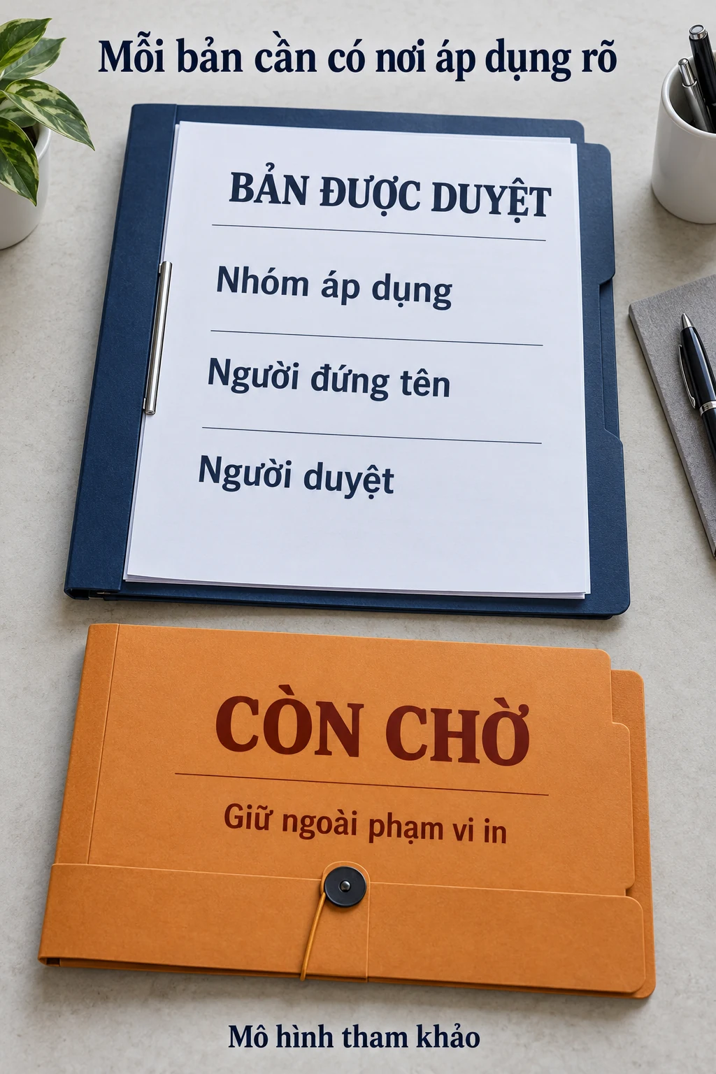 Bìa hồ sơ minh họa bản được duyệt và bản còn chờ, có nhóm áp dụng, người đứng tên và người duyệt.