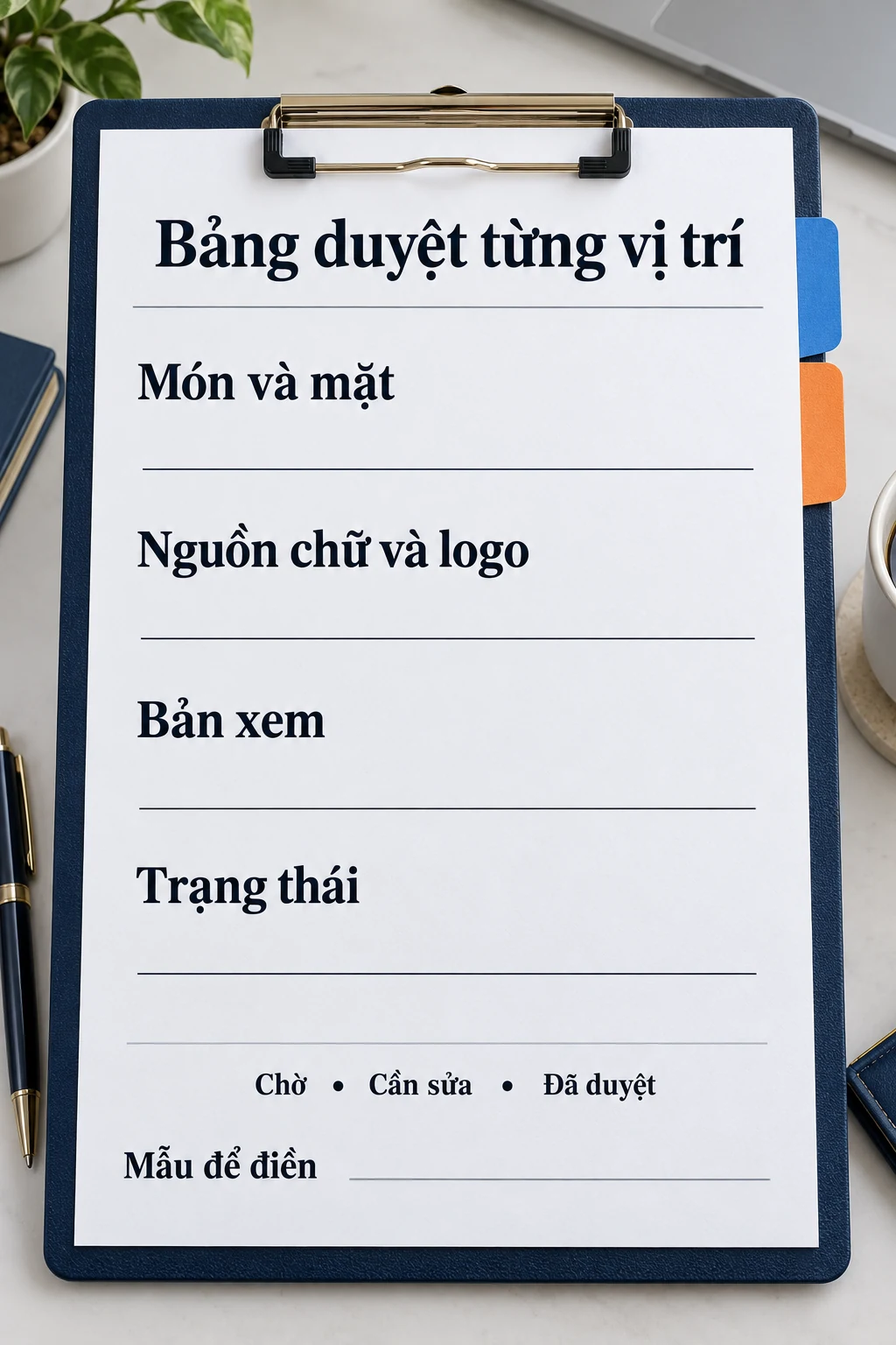 Bảng mẫu để điền món và mặt, nguồn chữ và logo, bản xem, trạng thái.