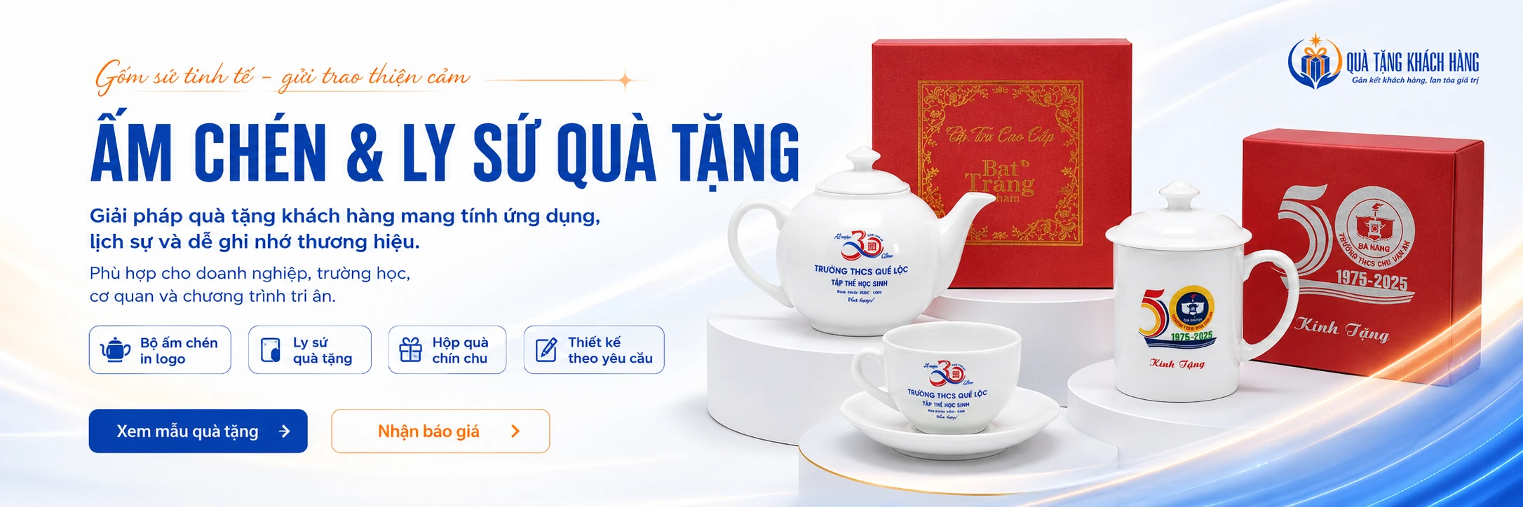 Ấm chén và ly sứ quà tặng — banner minh họa
