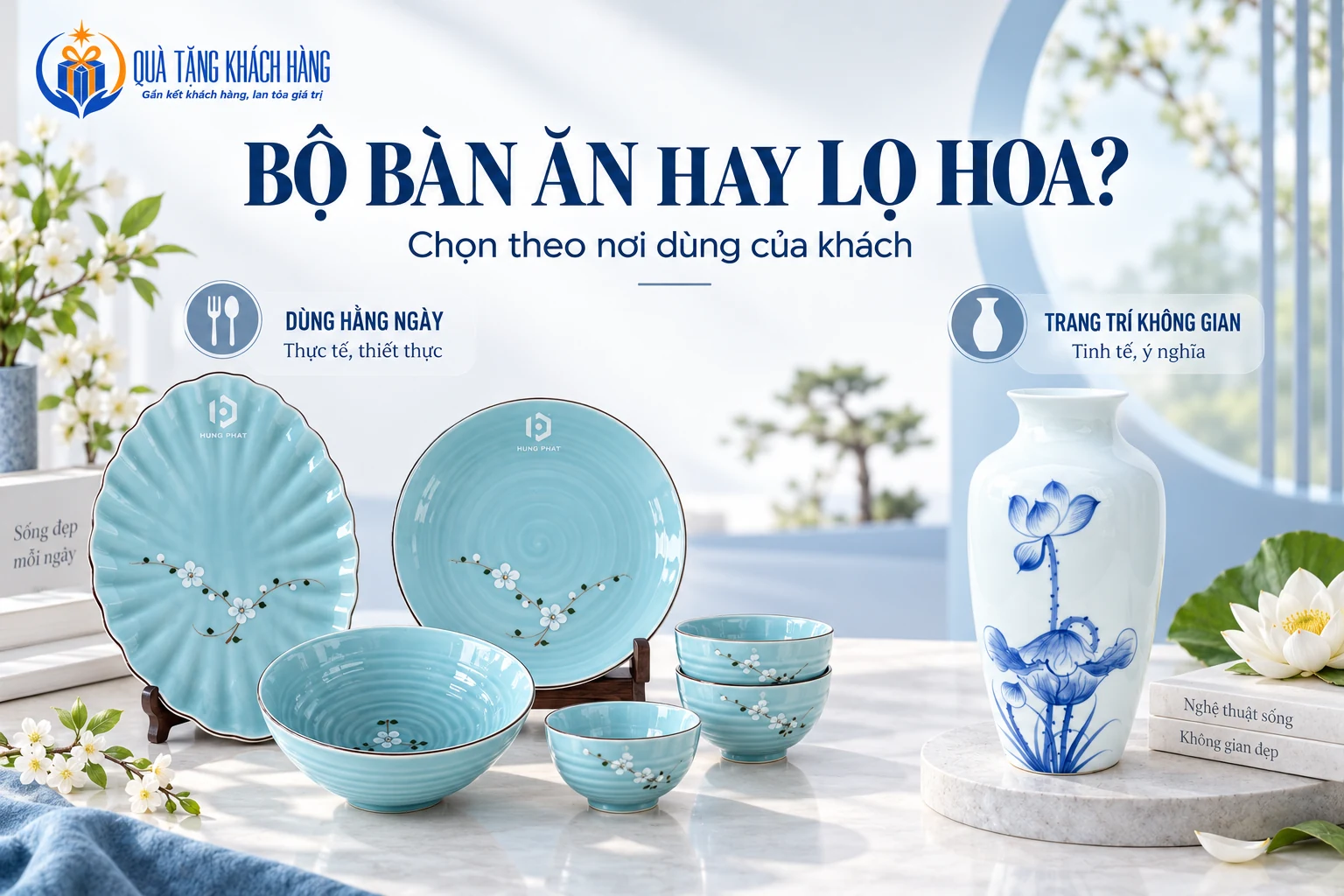 Banner Bộ bàn ăn hay lọ hoa, các món bát đĩa xanh có logo và lọ trắng vẽ sen xanh.