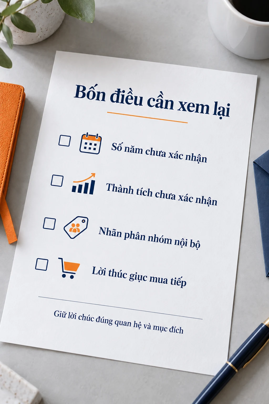 Tờ kiểm bốn điều cần xem lại: số năm, thành tích chưa xác nhận, nhãn nội bộ và lời thúc giục mua tiếp.