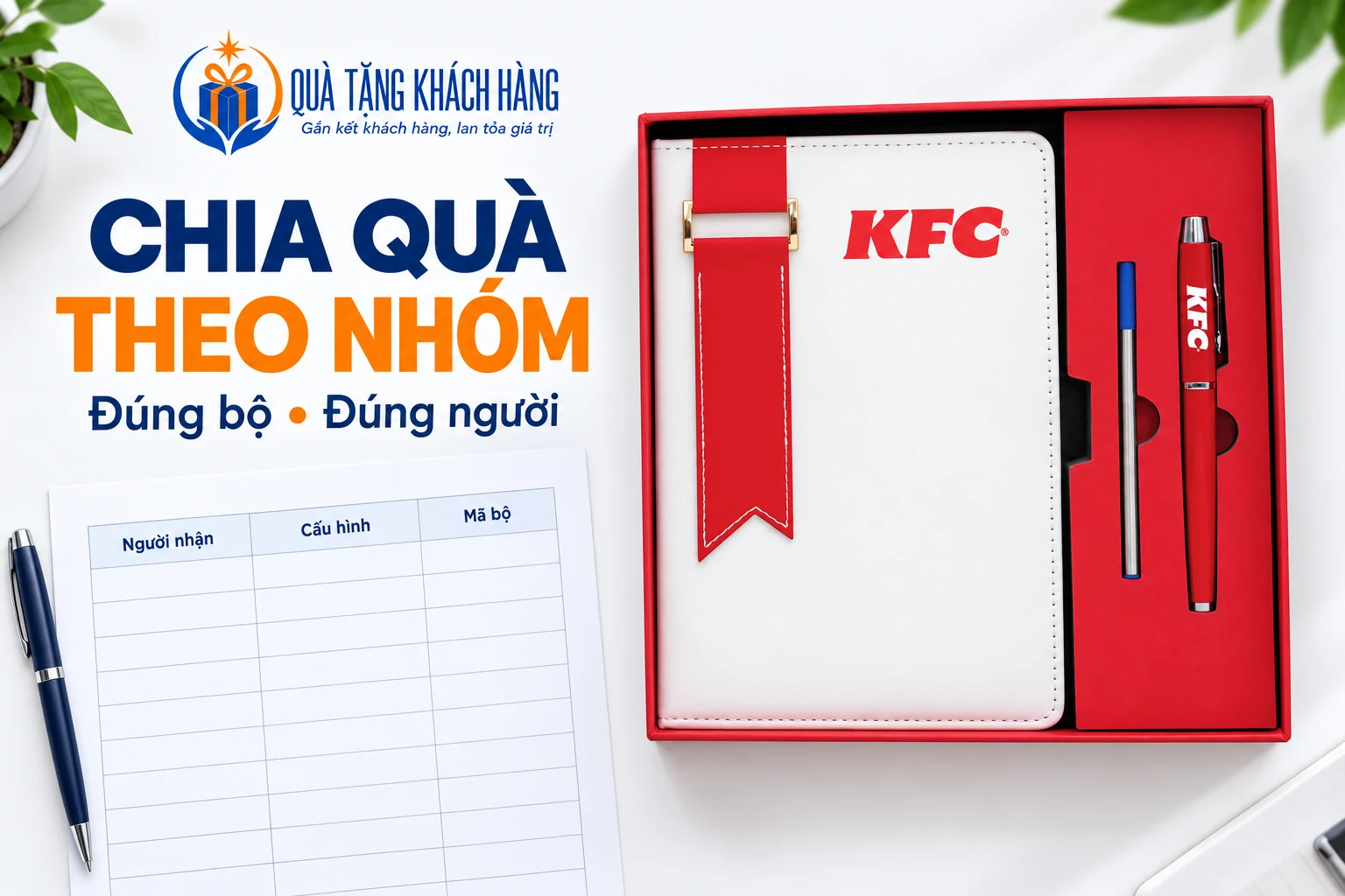 Bộ sổ bút KFC từ ảnh nguồn cạnh phiếu trống trong bối cảnh chia quà theo nhóm.