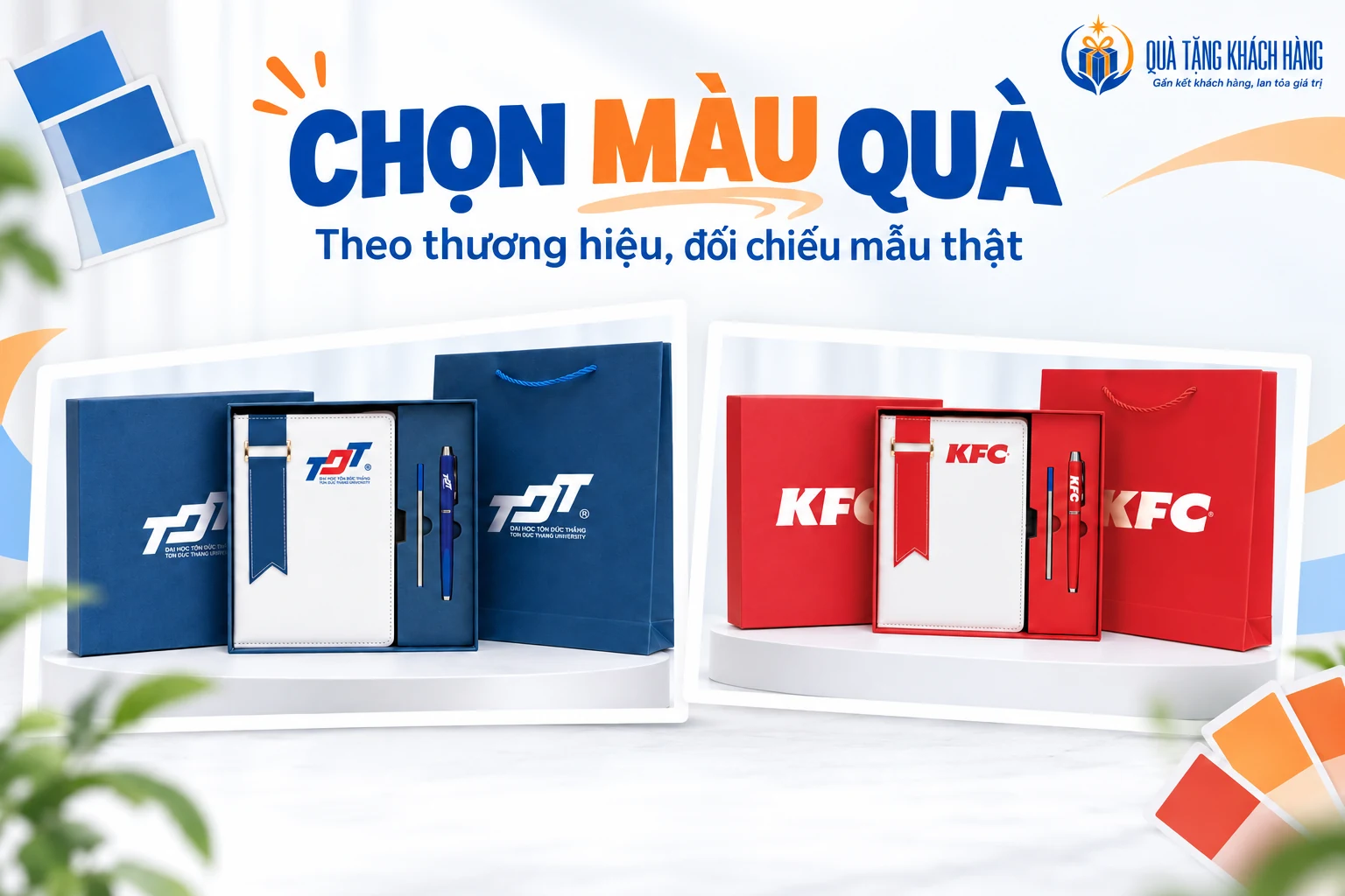 Banner Chọn màu quà với tư liệu bộ sổ bút xanh TDT và đỏ KFC.