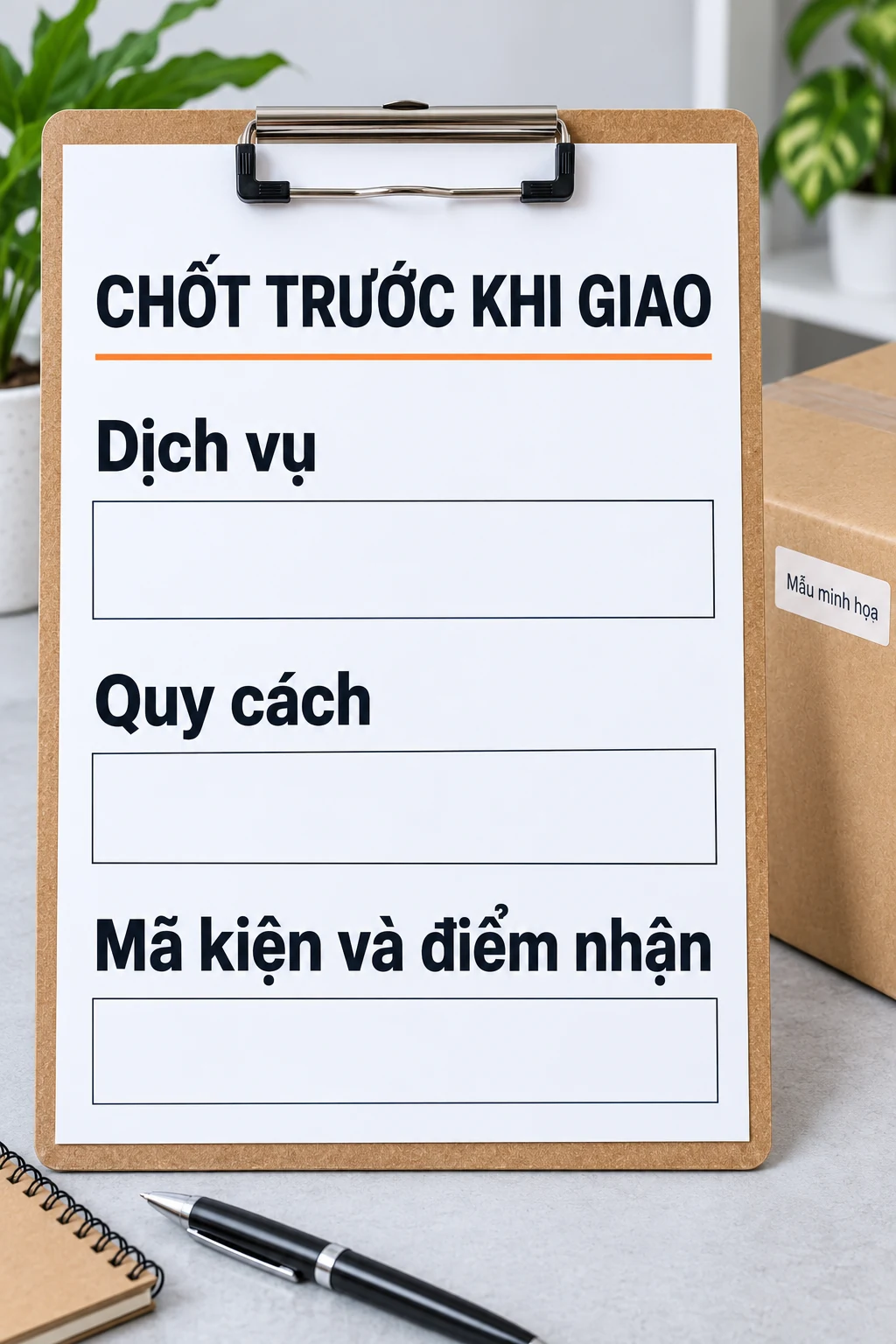 Thùng và bảng minh họa ba phần cần chốt: dịch vụ, quy cách, mã kiện và điểm nhận.