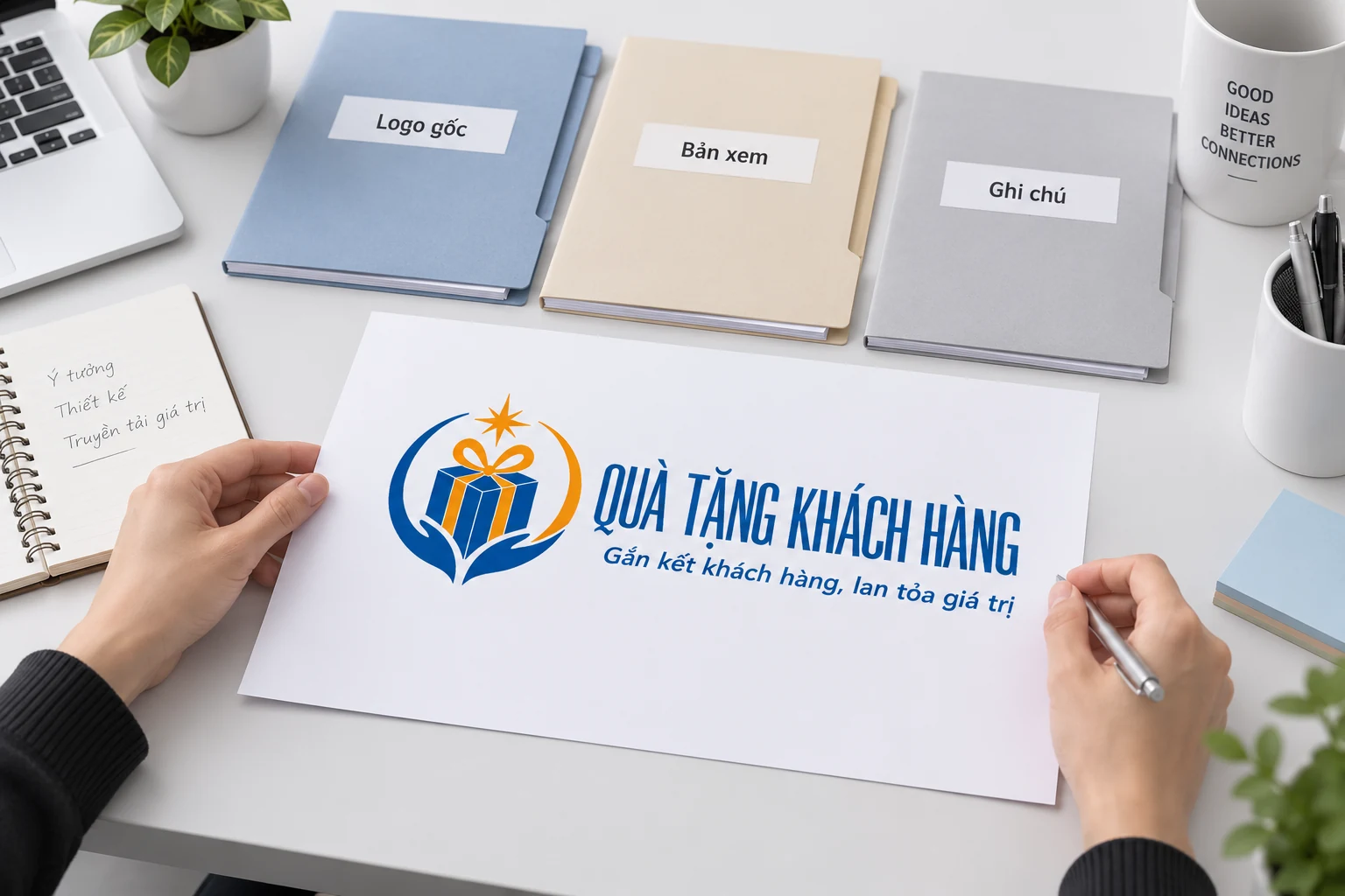 Tay cầm tờ nhận diện Quà Tặng Khách Hàng cạnh các thư mục Logo gốc, Bản xem, Ghi chú.
