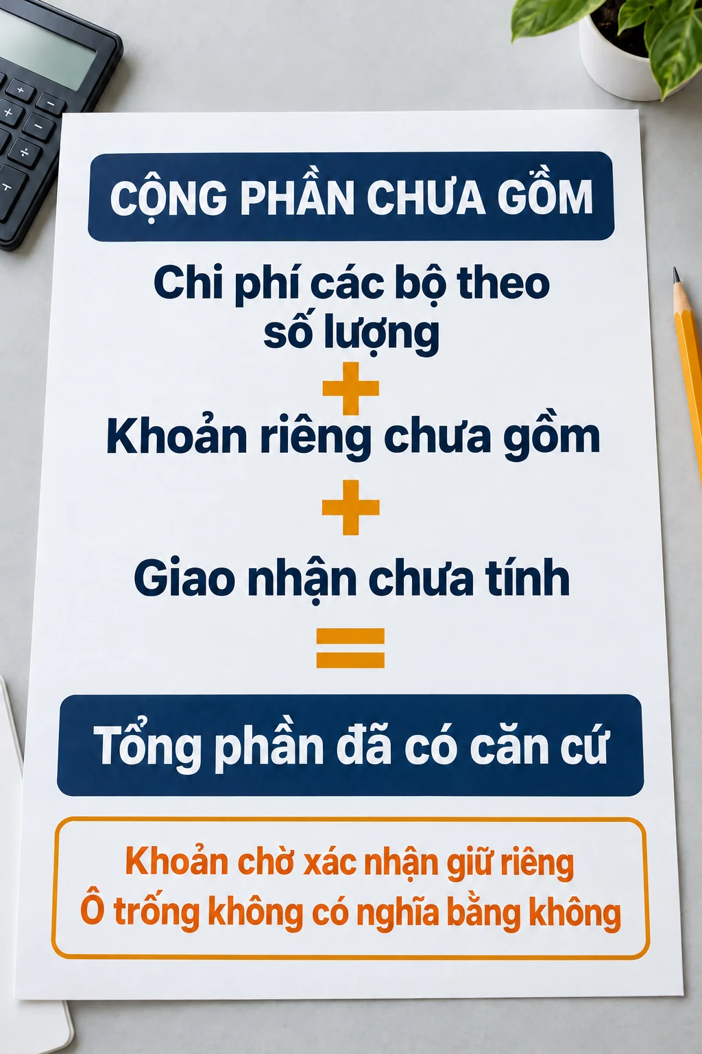Sơ đồ cộng chi phí các bộ, khoản riêng chưa gồm và giao nhận chưa tính, giữ khoản còn chờ riêng.