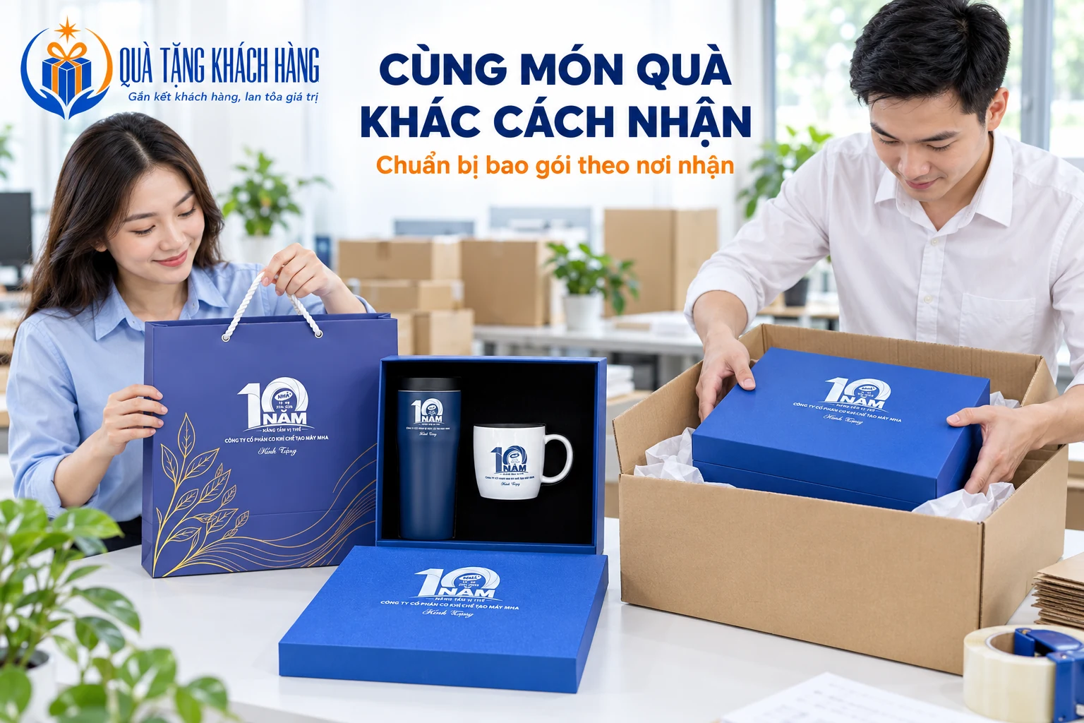 Hai người chuẩn bị bộ bình cốc MHA với túi mang và thùng gửi văn phòng trong cảnh dựng