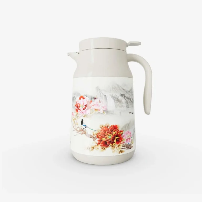 Phích giữ nhiệt có quai, thân sáng với họa tiết hoa và chim.