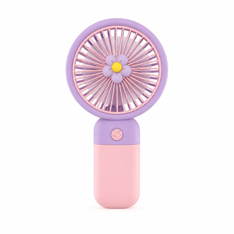 Quạt mini cầm tay màu hồng tím trên nền sáng.