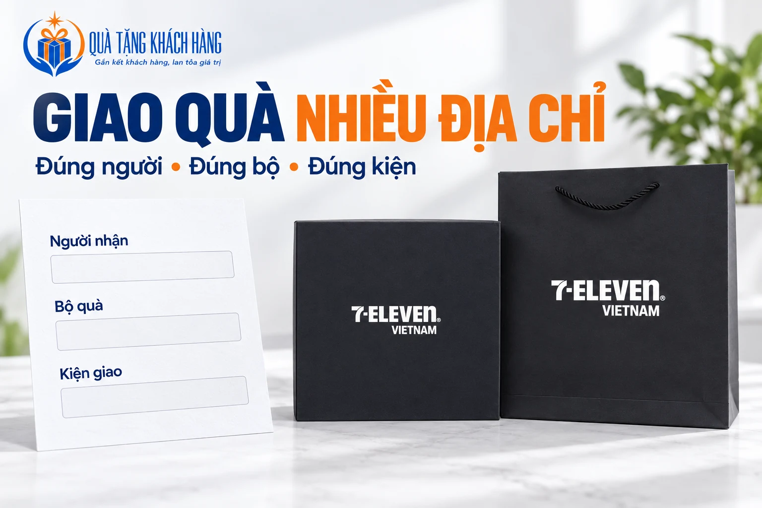 Hộp và túi đen từ ảnh nguồn cạnh giấy trống người nhận, bộ quà và kiện giao, có tiêu đề Giao quà nhiều địa chỉ.