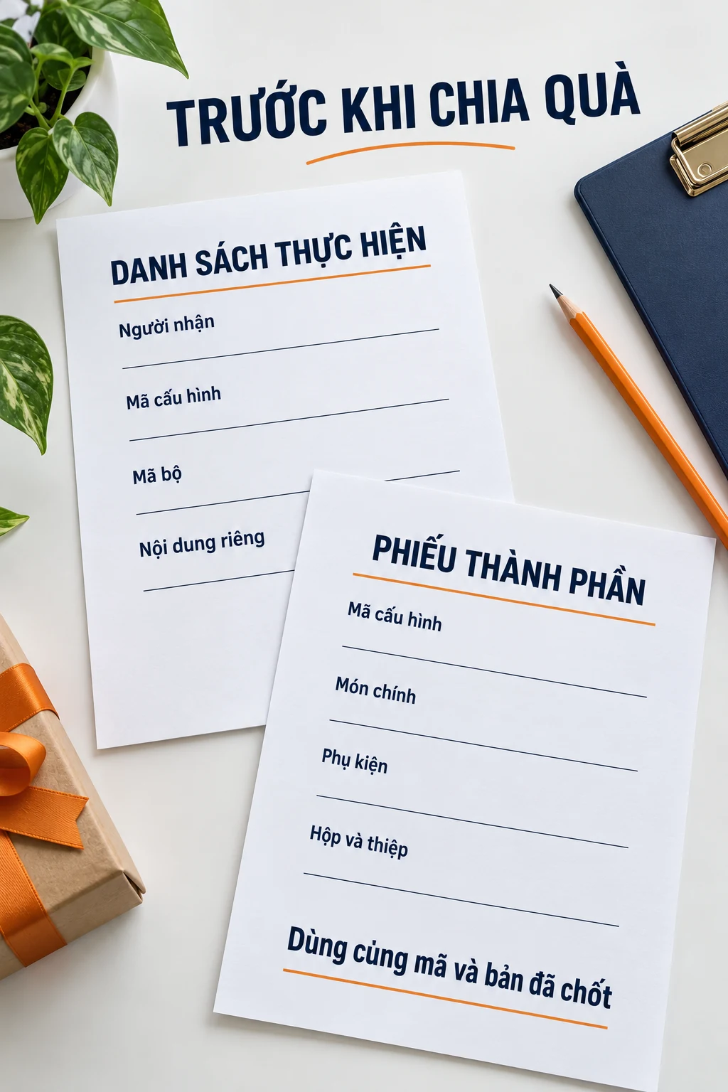 Hai tài liệu trống minh họa danh sách thực hiện và phiếu thành phần theo cấu hình.