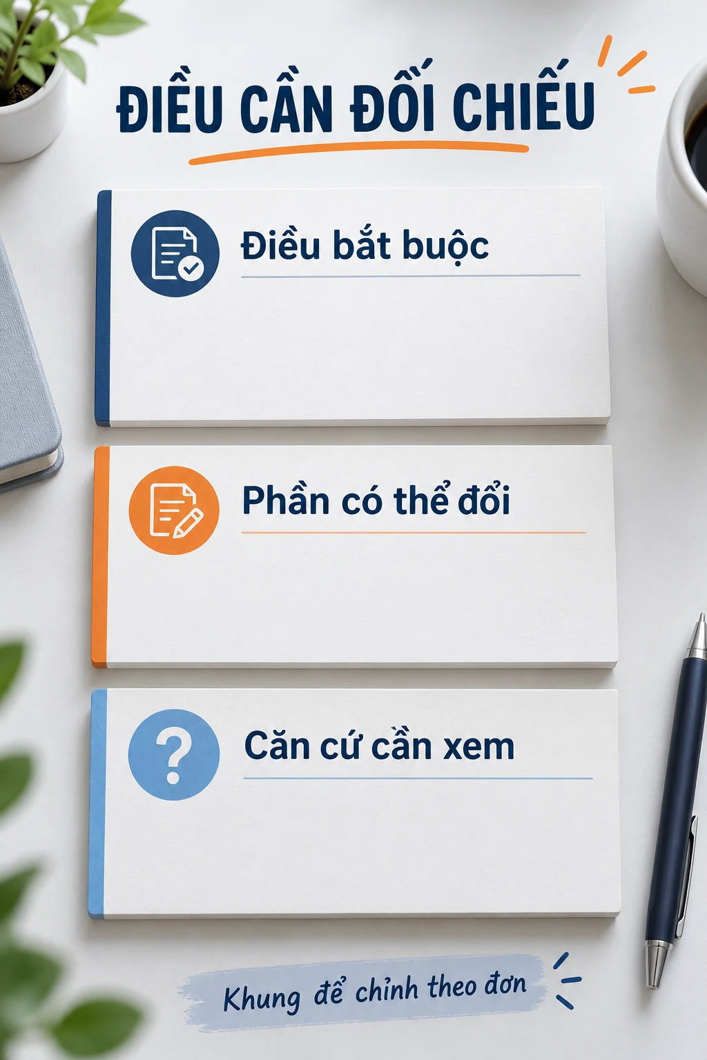 Ba tấm thẻ minh họa điều bắt buộc, phần có thể đổi và căn cứ cần xem.