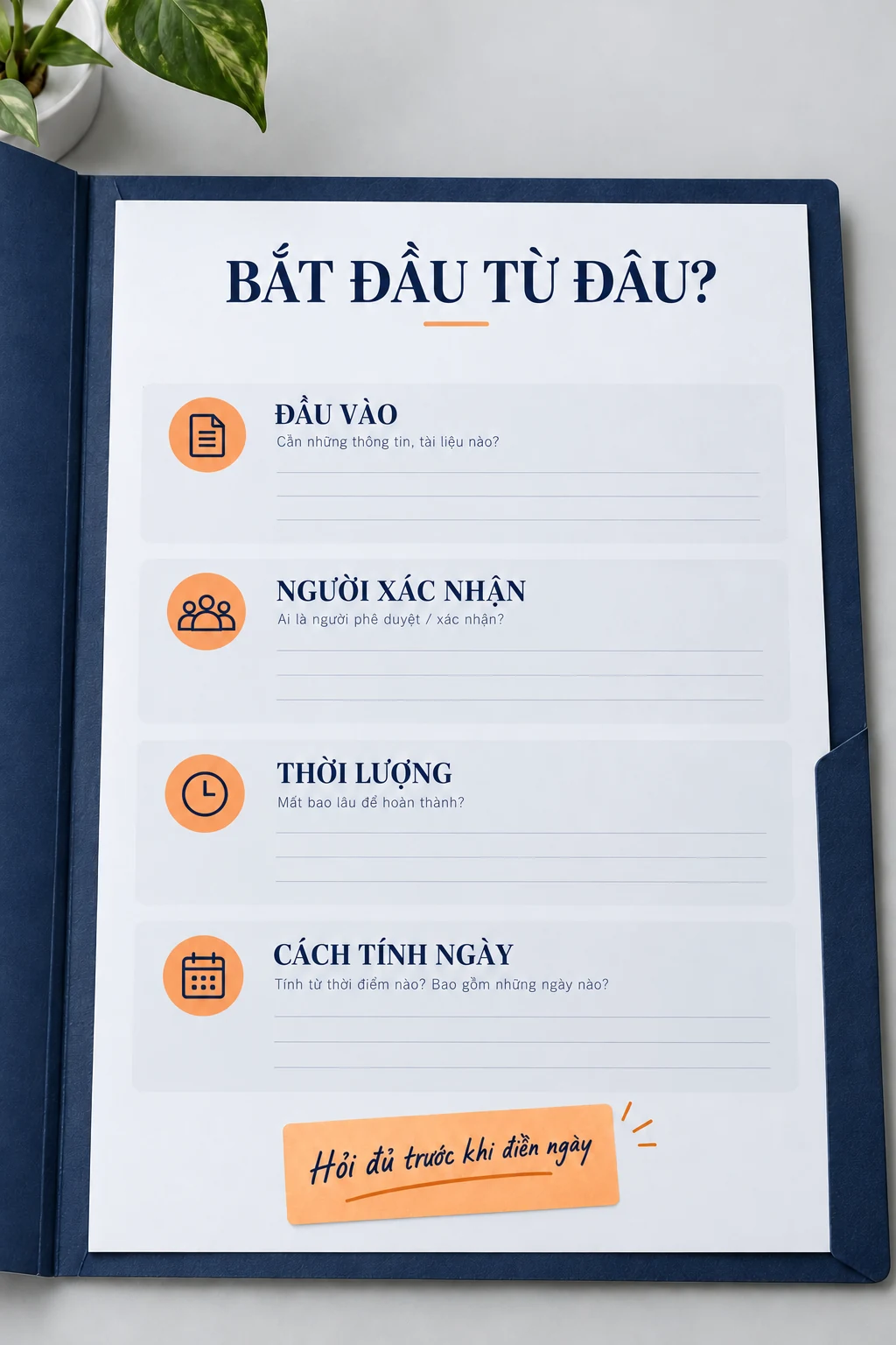Tờ mẫu trong bìa xanh có đầu vào, người xác nhận, thời lượng và cách tính ngày, chưa điền câu trả lời.