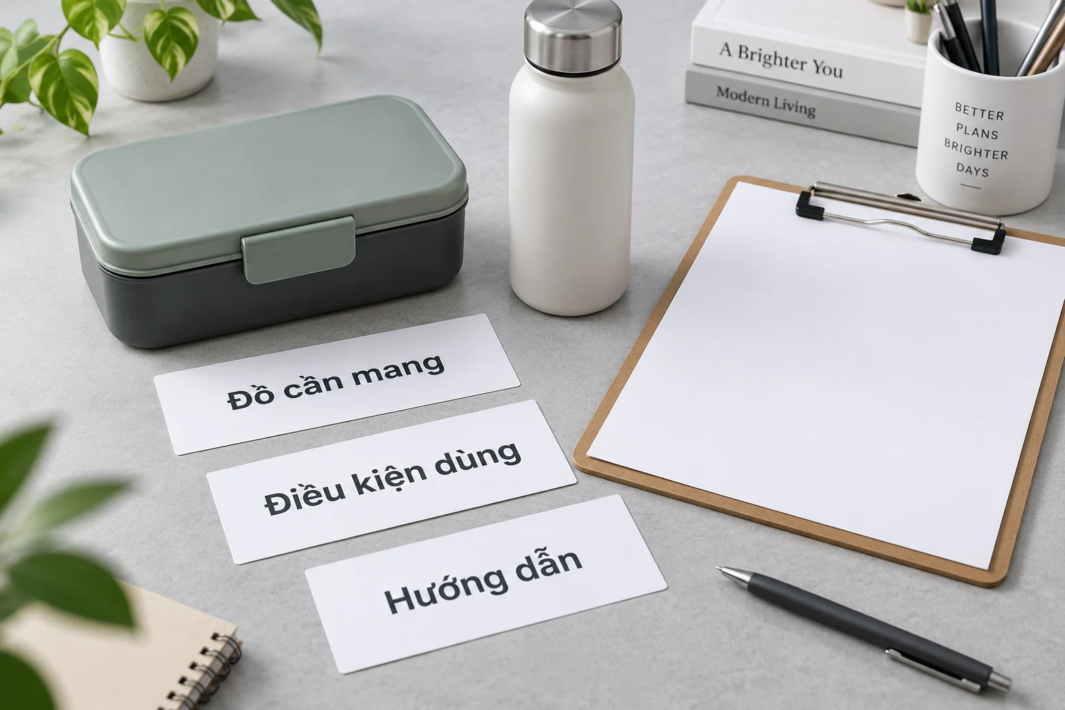 Hộp và bình đóng kín đặt cạnh ba thẻ Đồ cần mang, Điều kiện dùng và Hướng dẫn.
