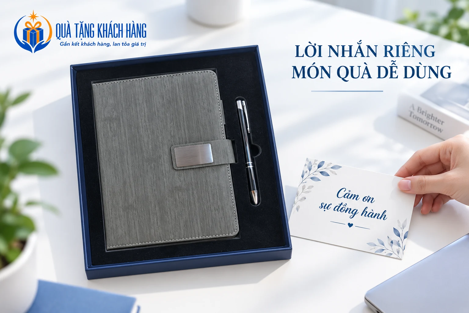 Bộ sổ bút xám bên thiệp ghi Cảm ơn sự đồng hành trong cảnh dựng.