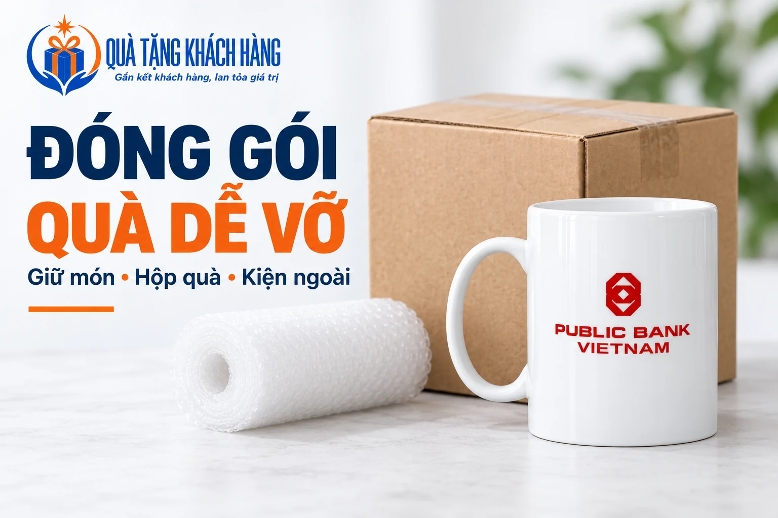 Cốc trắng và vật liệu đóng gói trong bối cảnh minh họa, có tiêu đề Đóng gói quà dễ vỡ.
