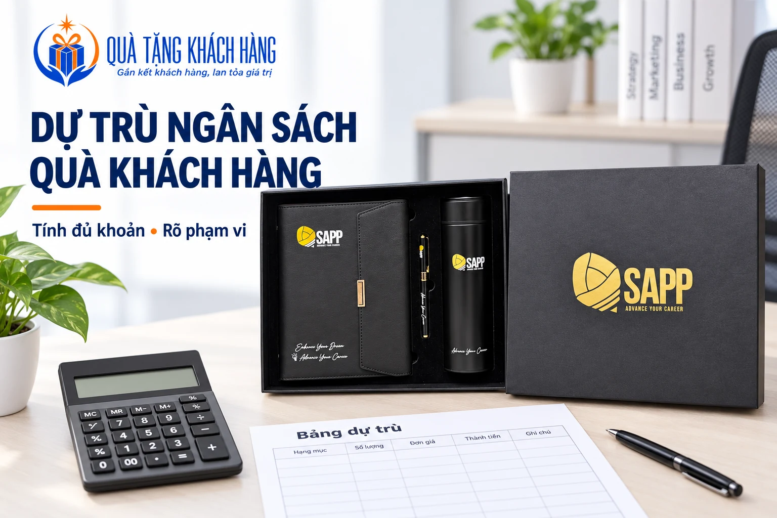 Banner dự trù ngân sách quà khách hàng với bộ sổ, bình và bút đen từ ảnh nguồn cạnh tài liệu mẫu.