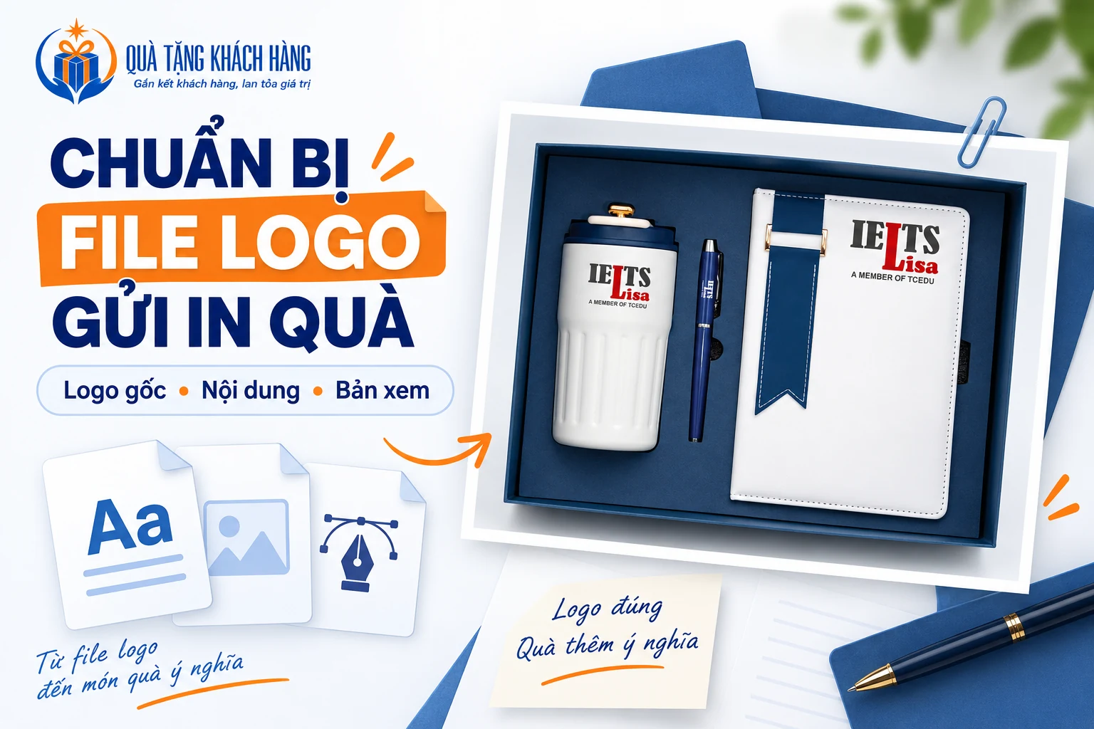 Banner Chuẩn bị file logo gửi in quà, cạnh ảnh bộ quà có logo nguồn.