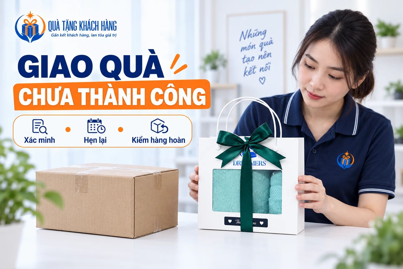Người phụ trách kiểm lại một gói quà khăn màu xanh ngọc cạnh kiện carton.