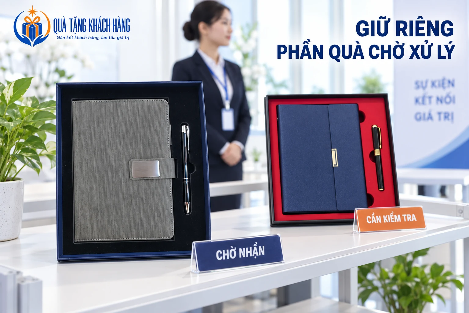 Hai bộ sổ bút đặt riêng ở vị trí chờ nhận và cần kiểm tra.