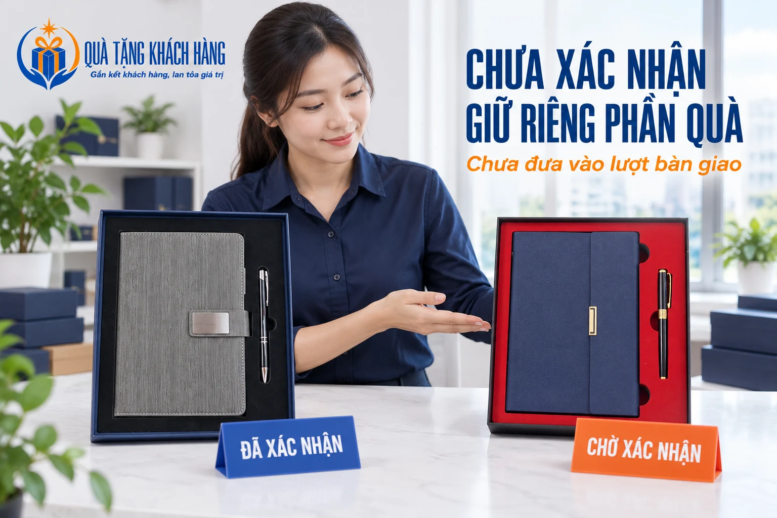 Hai bộ sổ bút đặt riêng theo trạng thái đã xác nhận và chờ xác nhận trong cảnh dựng