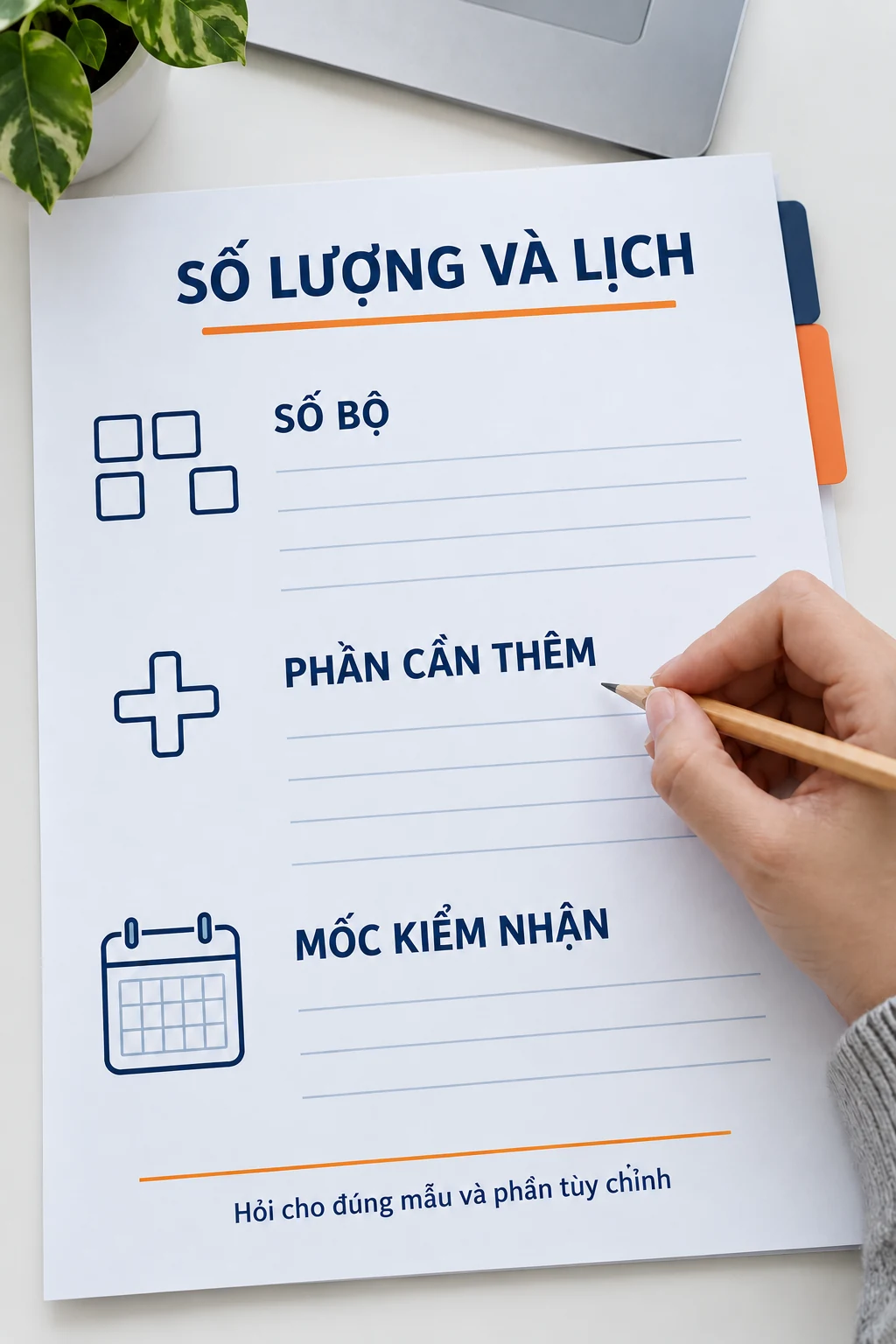 Tờ hỏi mẫu về số bộ, phần cần thêm và mốc kiểm nhận, không có số lượng hay ngày đã chốt.