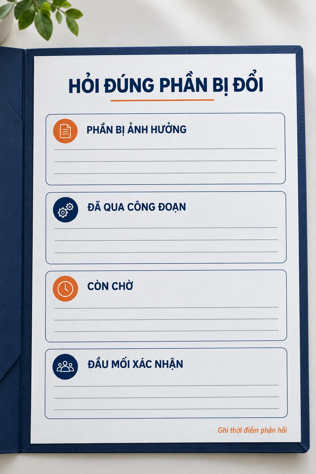 Phiếu trống ghi phần bị ảnh hưởng, đã qua công đoạn, còn chờ và đầu mối xác nhận.