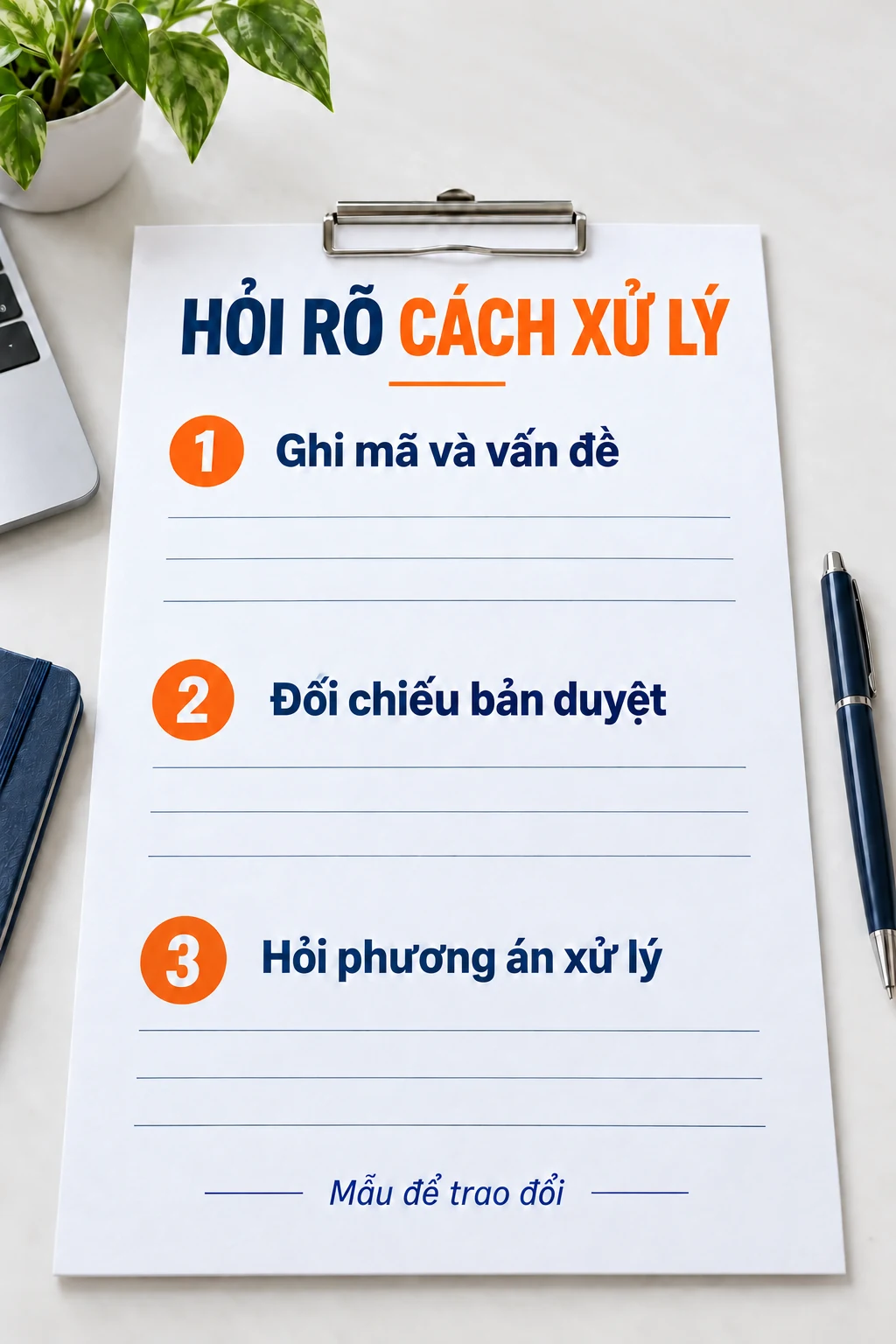 Tờ làm việc minh họa ghi sai khác, đối chiếu bản duyệt và hỏi phương án xử lý.
