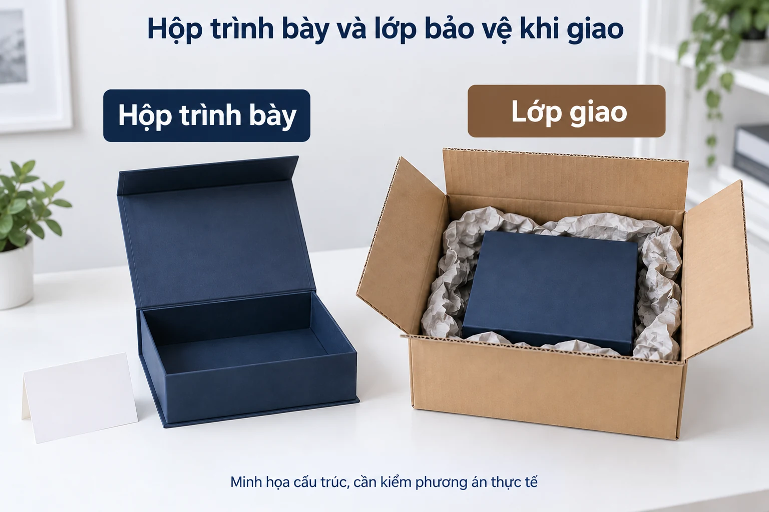 Minh họa hộp trình bày xanh và thùng carton sóng bên ngoài có vật chèn giấy.