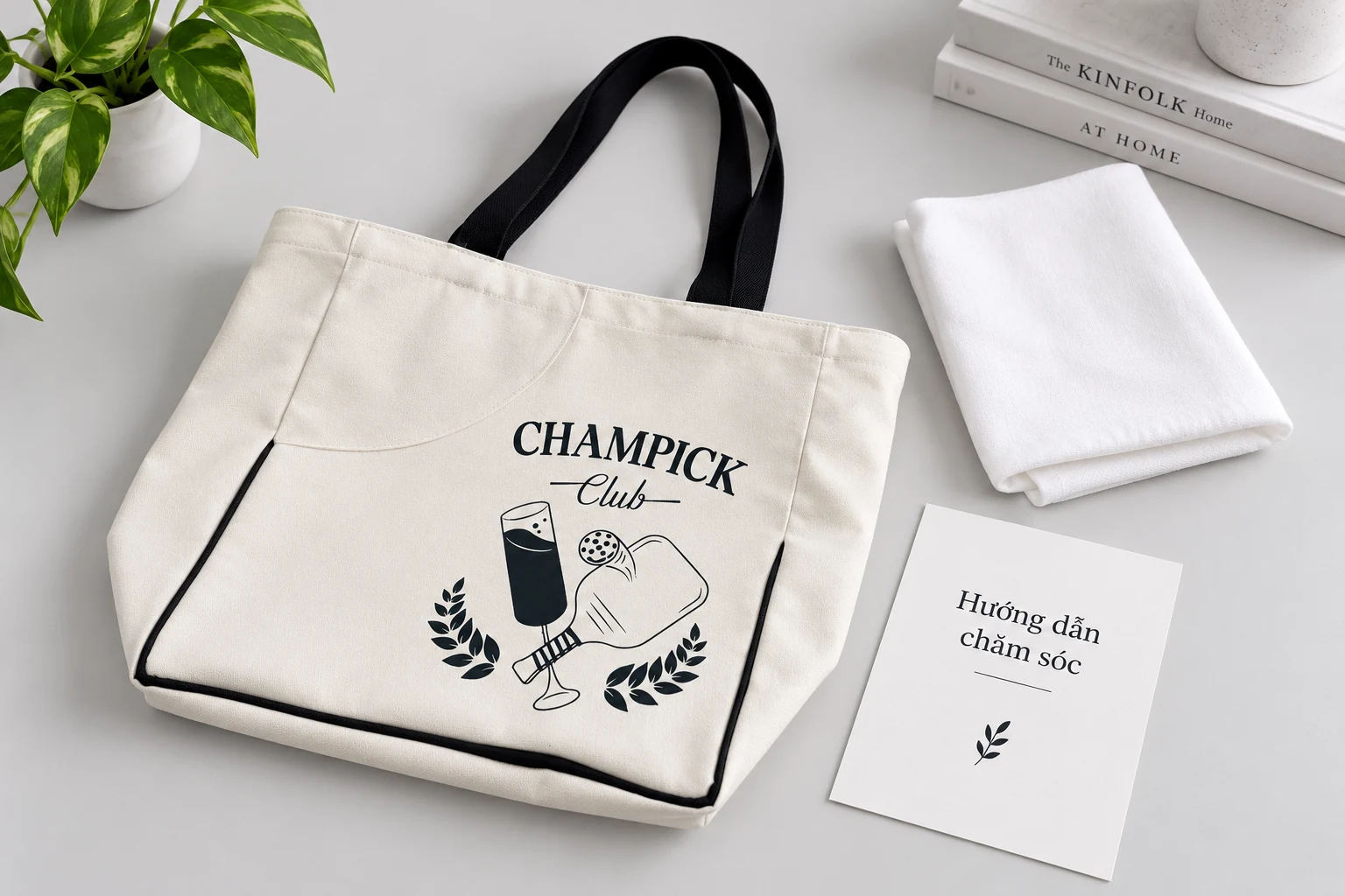 Túi trắng quai đen có logo đặt cạnh khăn trắng và thẻ Hướng dẫn chăm sóc trong cảnh biên tập.