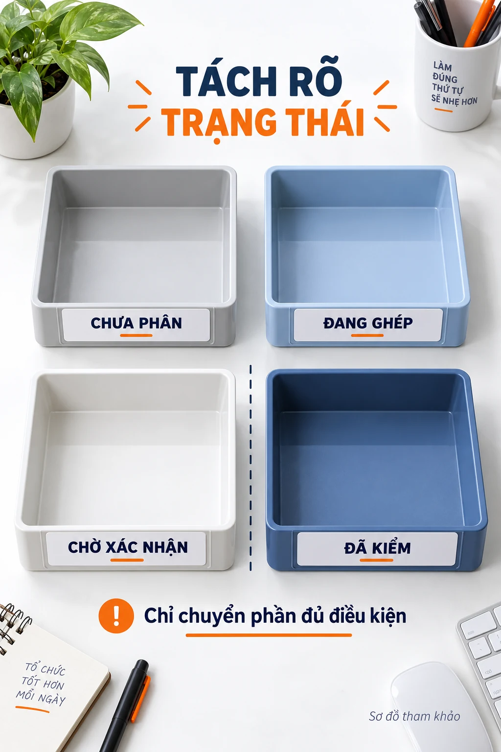 Bốn vùng minh họa món chưa phân, bộ đang ghép, phần chờ xác nhận và bộ đã kiểm.
