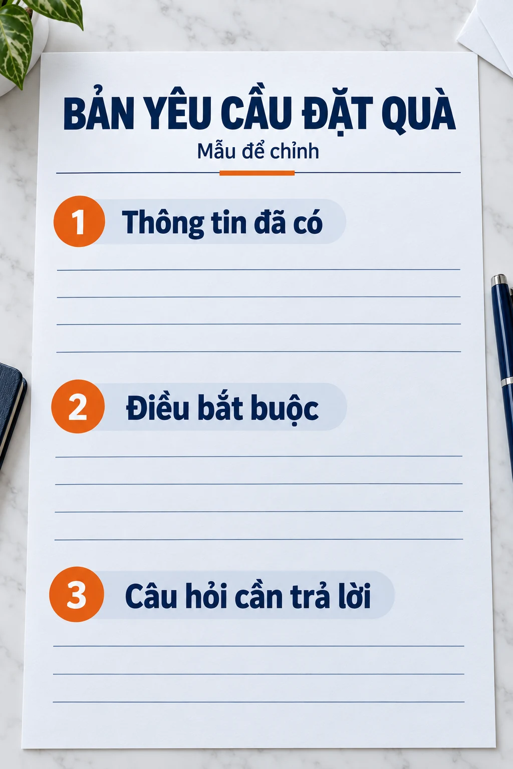Tờ yêu cầu mẫu chia thông tin đã có, điều bắt buộc và câu hỏi cần trả lời.