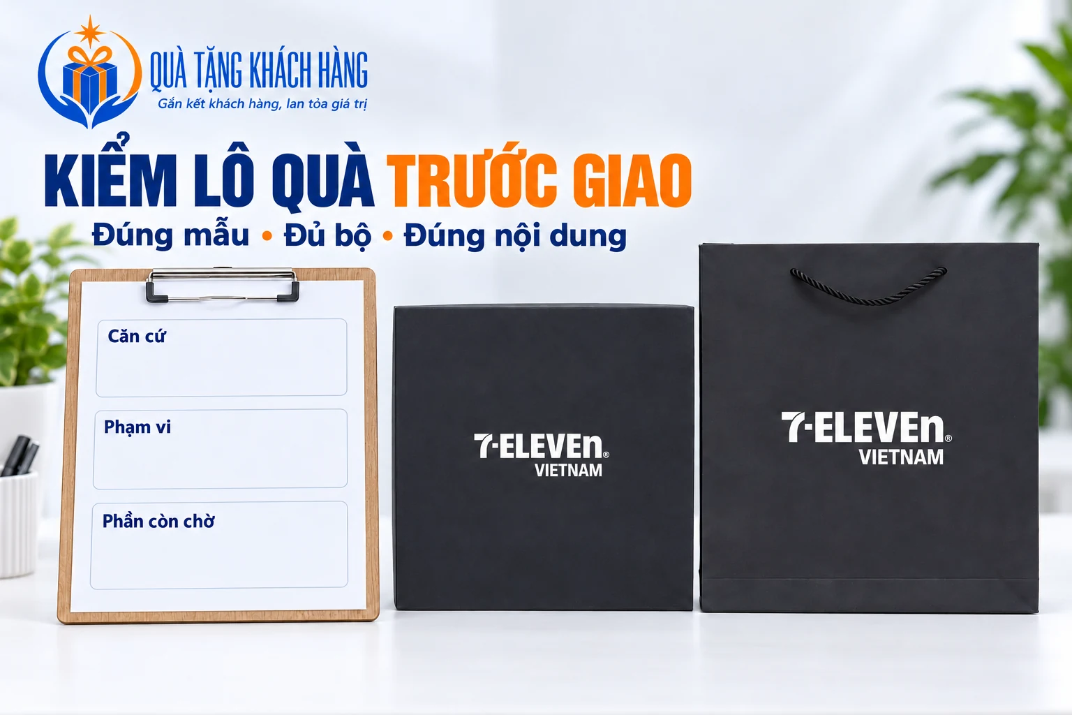 Hộp và túi đen nguồn cạnh phiếu kiểm trống trong bối cảnh minh họa, tiêu đề Kiểm lô quà trước giao.