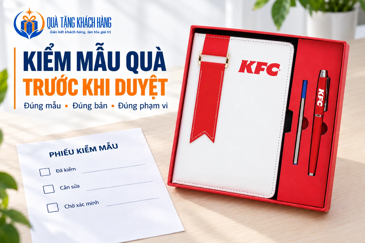 Bộ sổ bút khay đỏ từ ảnh nguồn cạnh phiếu trống, có tiêu đề Kiểm mẫu quà trước khi duyệt.