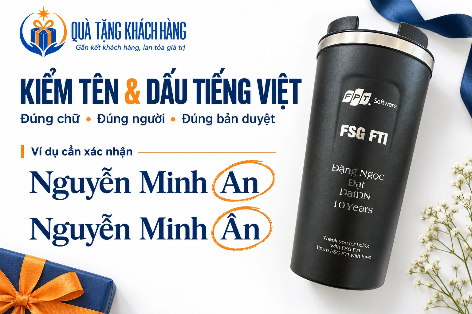 Banner Kiểm tên và dấu tiếng Việt, hai ví dụ An và Ân cạnh ly tham khảo có tên Đặng Ngọc Đạt.