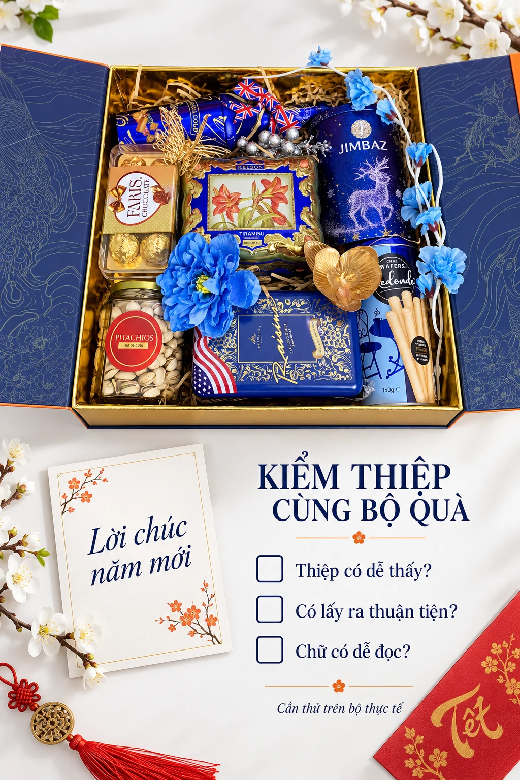 Hộp quà xanh vàng từ ảnh nguồn bên thiệp rời, với ba câu hỏi về dễ thấy, dễ lấy và dễ đọc.