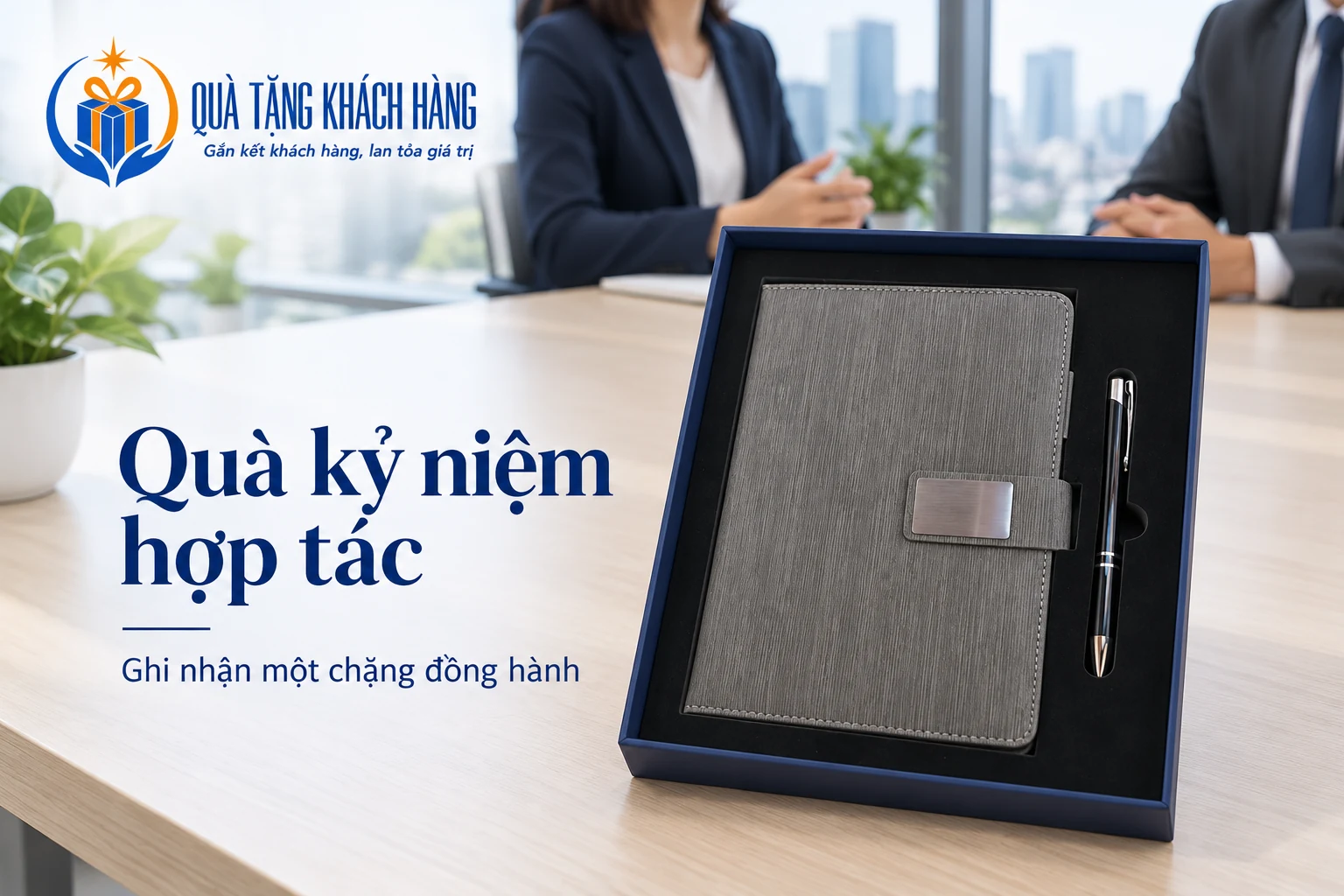 Bộ sổ xám và bút đen trong hộp tại bàn họp, với tiêu đề Quà kỷ niệm hợp tác.