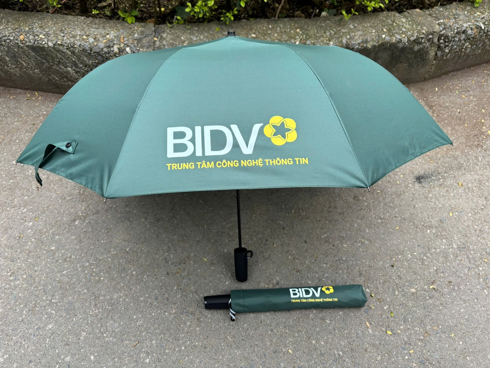 Ô xanh có logo BIDV trên tán và bao ô trong ảnh gốc.