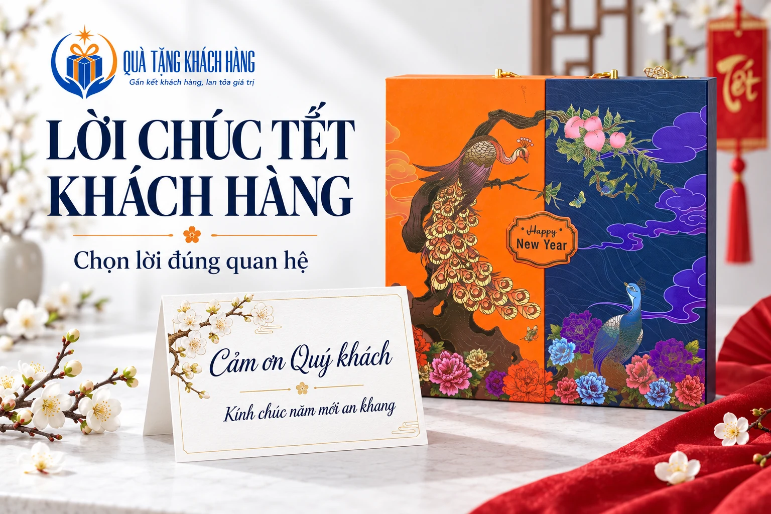 Banner lời chúc Tết khách hàng với hộp cam xanh từ ảnh nguồn và thiệp mẫu có lời cảm ơn, lời chúc năm mới.