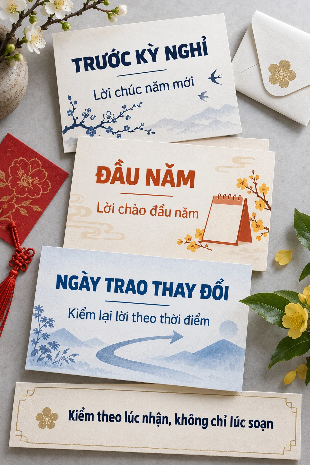 Ba tấm thiệp minh họa lời mở trước kỳ nghỉ, đầu năm và khi ngày trao thay đổi.
