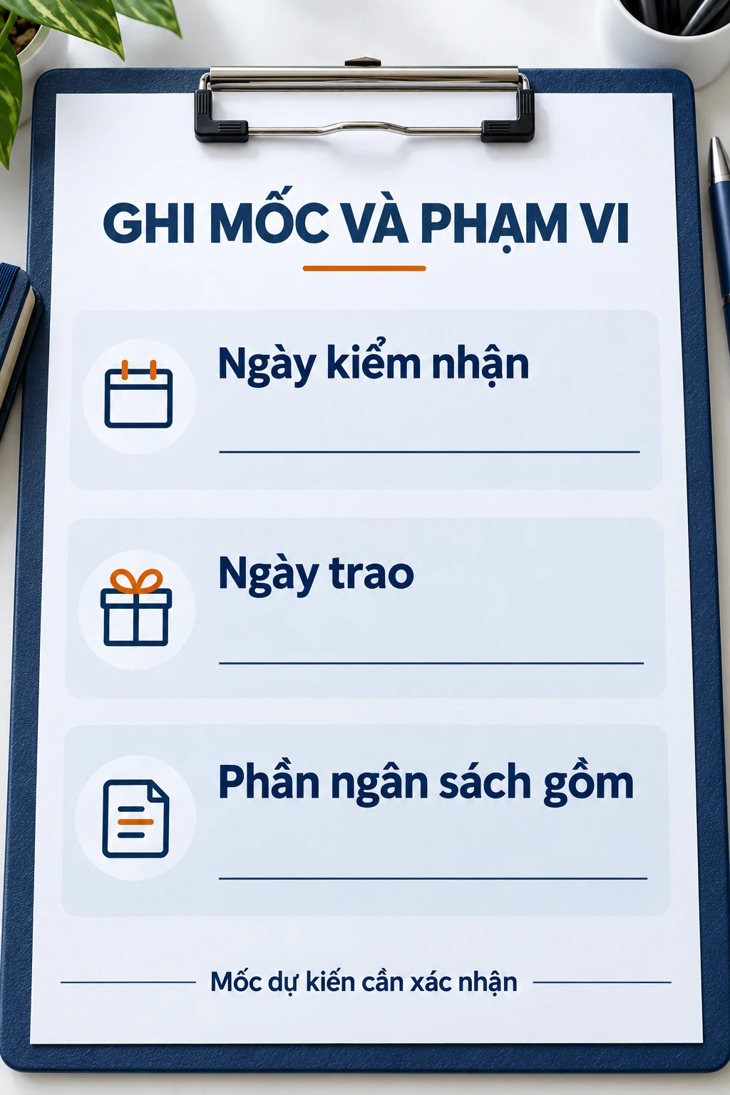 Tờ ghi mẫu với ngày kiểm nhận, ngày trao và phạm vi ngân sách còn để trống.