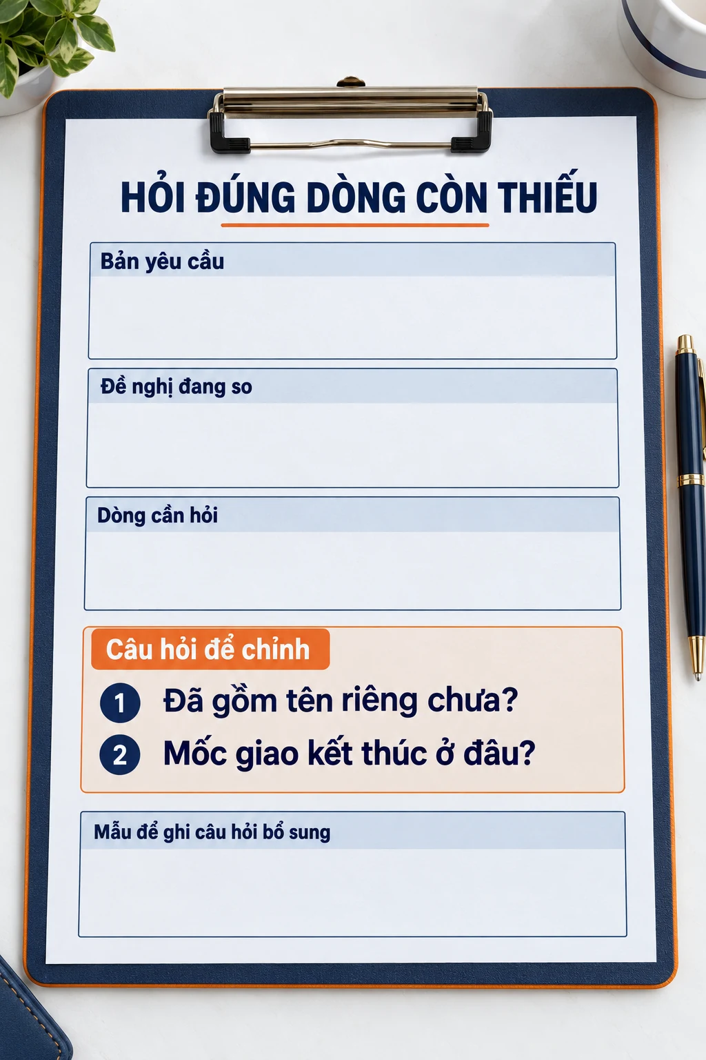 Tờ mẫu để ghi bản yêu cầu, đề nghị đang so, dòng cần hỏi cùng hai câu hỏi bổ sung.