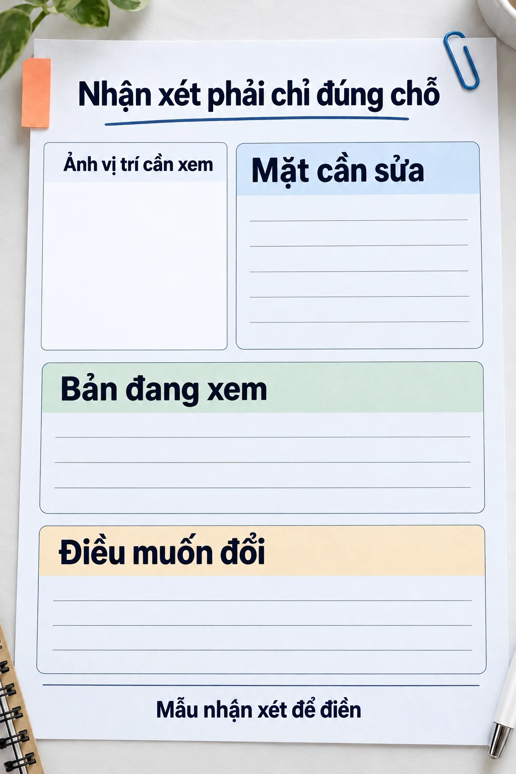 Mẫu nhận xét để điền ảnh vị trí cần xem, mặt cần sửa, bản đang xem và điều muốn đổi.