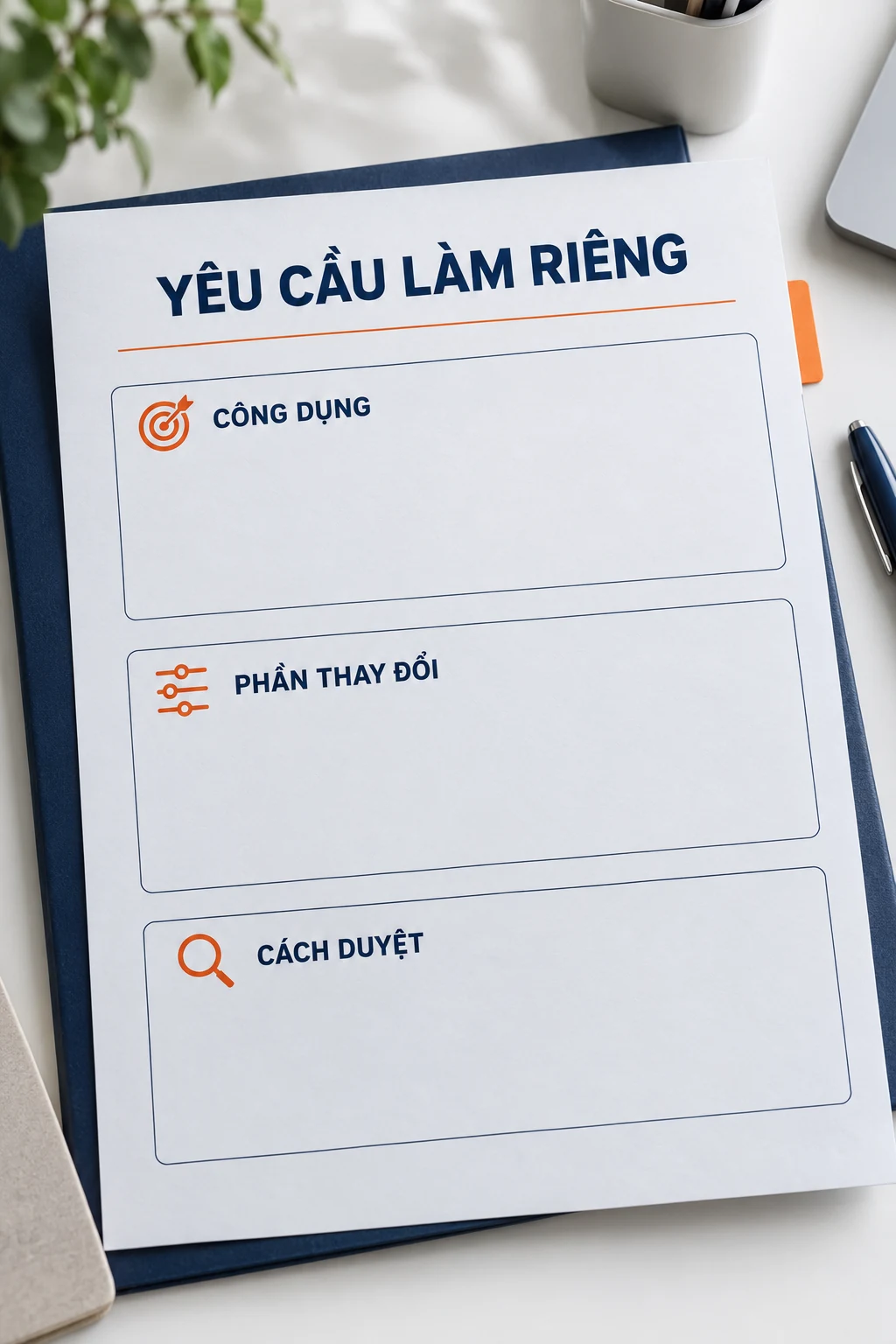 Phiếu minh họa yêu cầu làm riêng với công dụng, phần thay đổi và cách duyệt còn để trống.