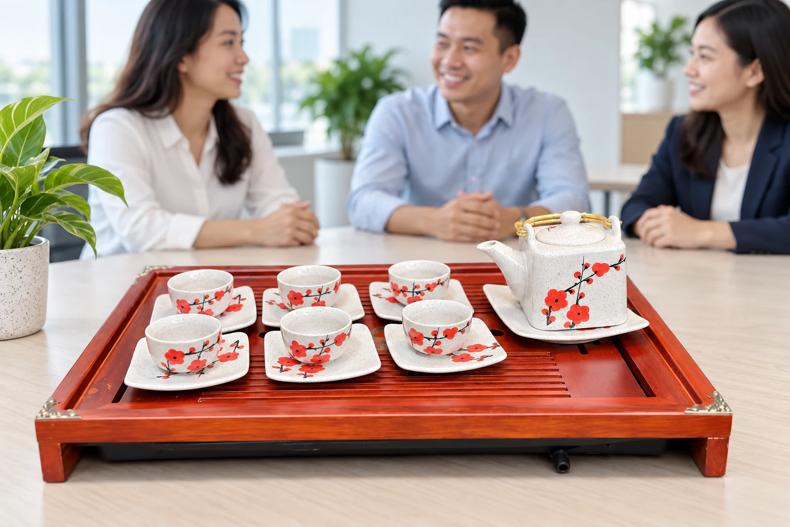 Bộ trà vuông hoa đỏ với sáu chén đặt trên bàn họp trước ba người trong cảnh dựng
