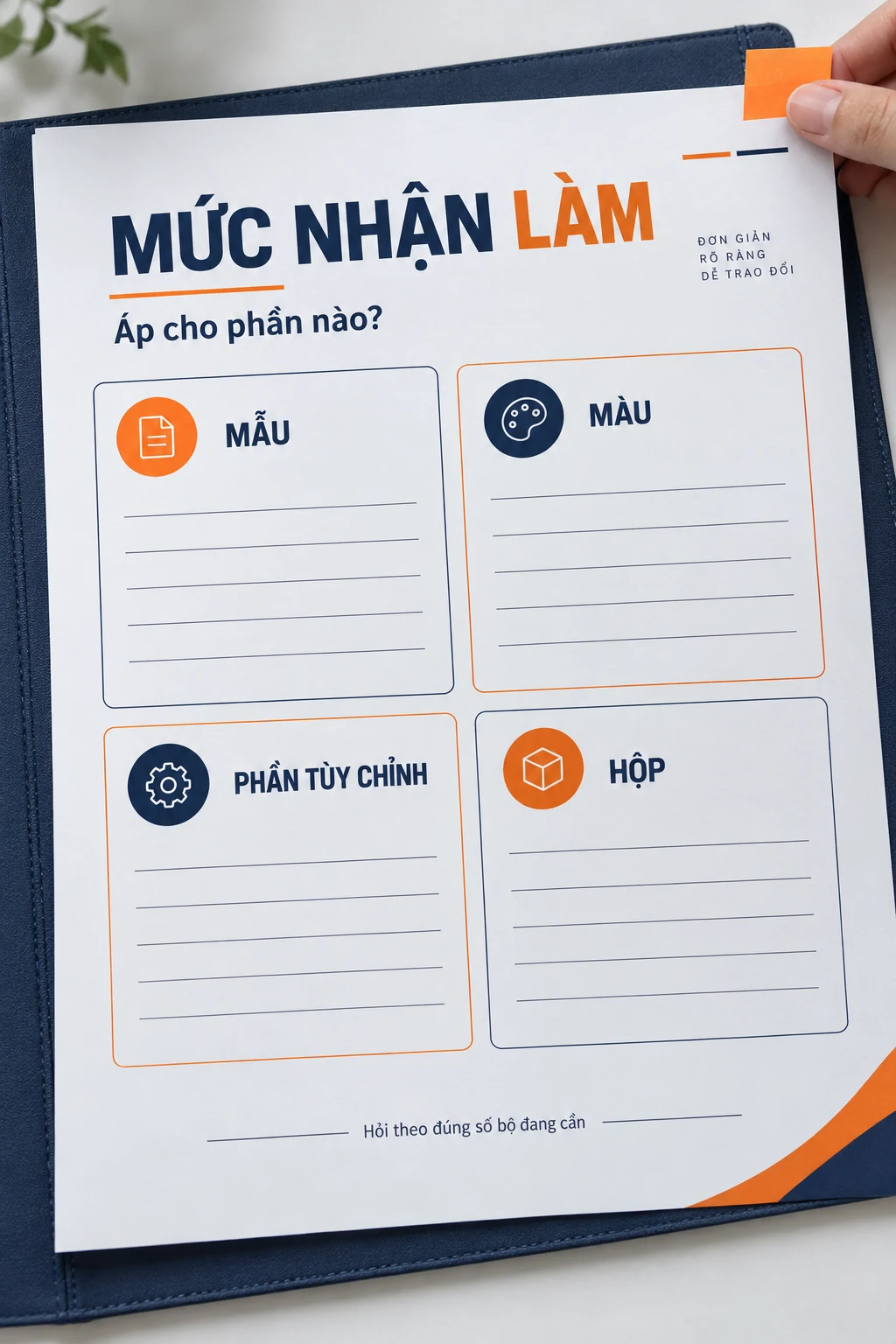 Tờ hỏi mẫu với các phần mẫu, màu, phần tùy chỉnh và hộp, không có số lượng tối thiểu đã điền.